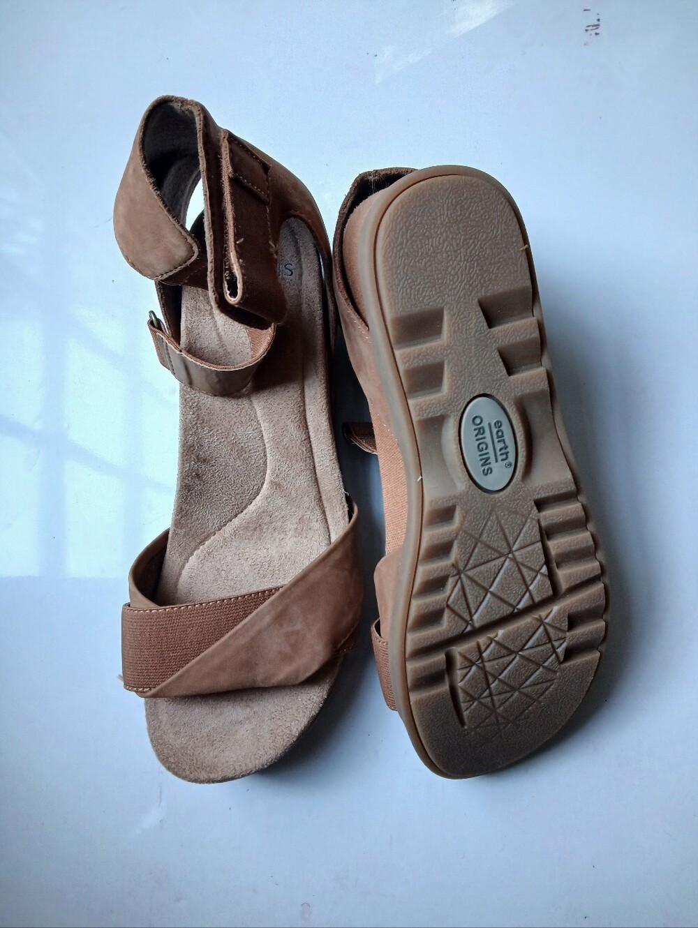 Earth Origins Women's Tan Suede-Look Ankle-Strap Wedge Sandals Size 8.5W